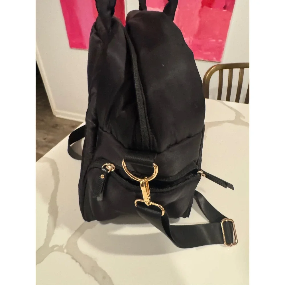 Anne Klein Black Nylon Puffer Laptop Bag‎ Crossbody Travel Tote Gold Hardware